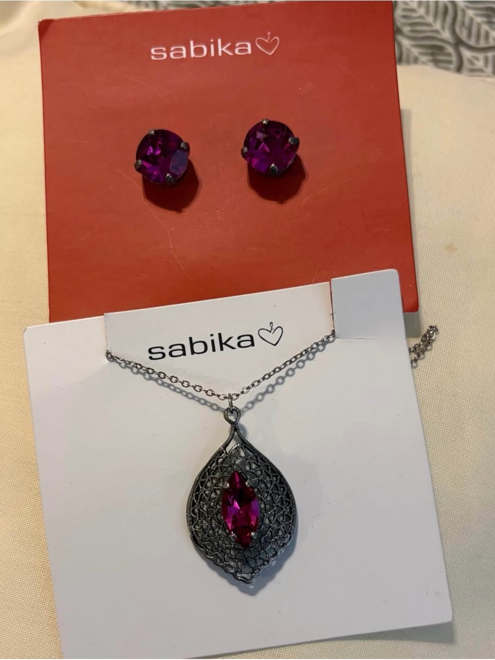 Sabika Women's Purple Crystal Pendant Necklace and Stud Earrings Set